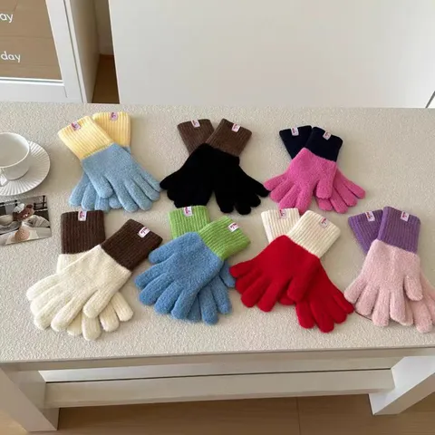 Women Winter Warm Knit Polyester Gloves Color Block Split Finger Thermal Gloves Fashion Outdoor Cycling Gloves