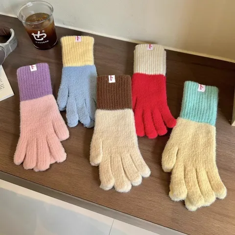Women Winter Warm Knit Polyester Gloves Color Block Split Finger Thermal Gloves Fashion Outdoor Cycling Gloves