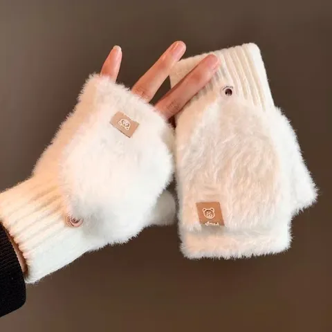 Winter Thickened Warm Plush Flip-Top Half-Finger Gloves For Women Faux Mink Fleece Cute Bear Knitted Mittens