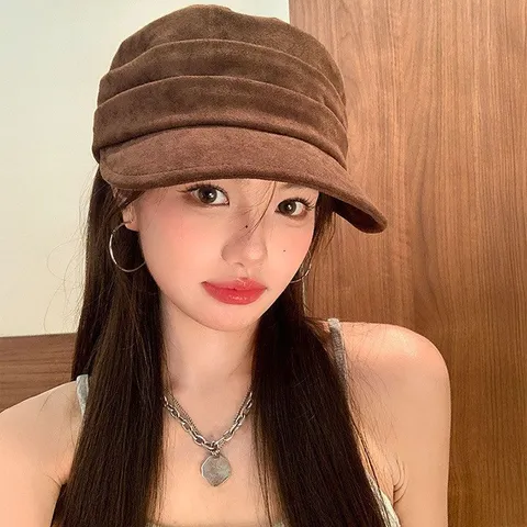 British Vintage Faux Suede Octagonal Hat Women Fall Winter Solid Color Pleated Beret Casual Fashion Painter Hat