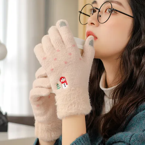 Women Winter Warm Touch Screen Gloves Cute Cartoon Snowman Embroidery Plush Cuff Thickened Knitted Thermal Gloves