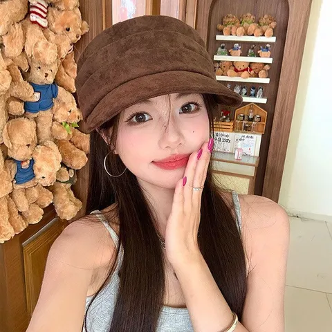 British Vintage Faux Suede Octagonal Hat Women Fall Winter Solid Color Pleated Beret Casual Fashion Painter Hat