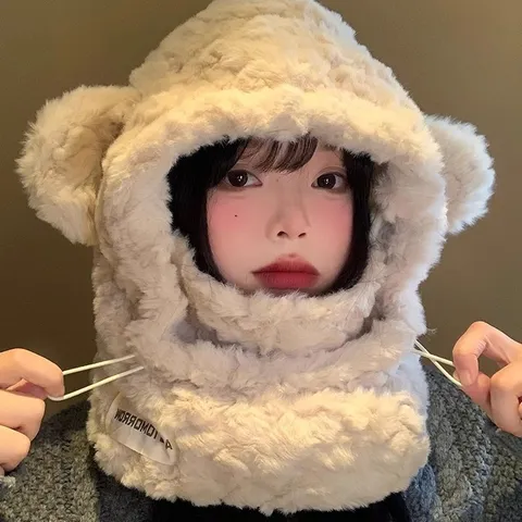 Women Winter Warm Plush Trapper Hat Cute Bear Ears Earflap Cap Thickened Windproof Fleece Bomber Hat