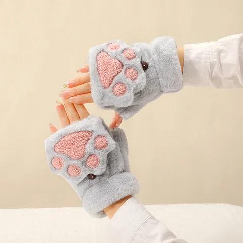 Guantes de Invierno Cálidos de Peluche con Garra de Gato para Mujer Lindos Guantes de Medio Dedo con Tapa Polar Espesados Térmicos