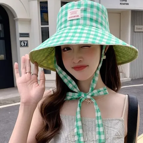 Women Summer Bucket Hat Cotton Polyester Plaid Double Sided Sun Protection Wide Brim Outdoor Travel Fisherman Hat