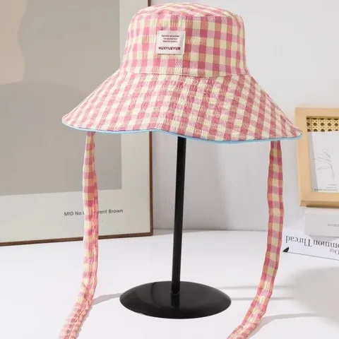 Women Summer Bucket Hat Cotton Polyester Plaid Double Sided Sun Protection Wide Brim Outdoor Travel Fisherman Hat