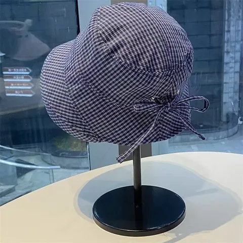 Chapeau Bob pour Femmes Été Extérieur Protection Solaire Coton Lin À Carreaux Nœud Cordon Pliable Décontracté