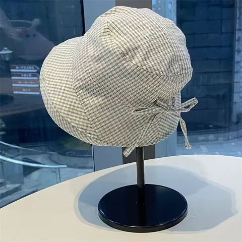 Chapeau Bob pour Femmes Été Extérieur Protection Solaire Coton Lin À Carreaux Nœud Cordon Pliable Décontracté