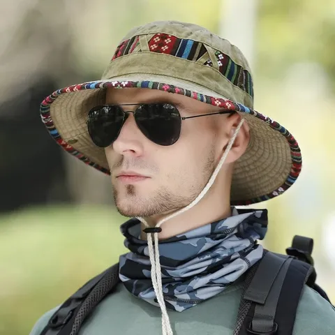 Unisex Outdoor Sun Protection Bucket Hat Vintage Ethnic Ribbon Wide Brim Casual Fishing Hiking Cap Polyester