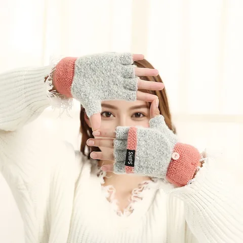 Winter Knitted Flip Cover Half Finger Gloves Polyester Double Layer Thickened Warm Convertible Fingerless Cycling Gloves