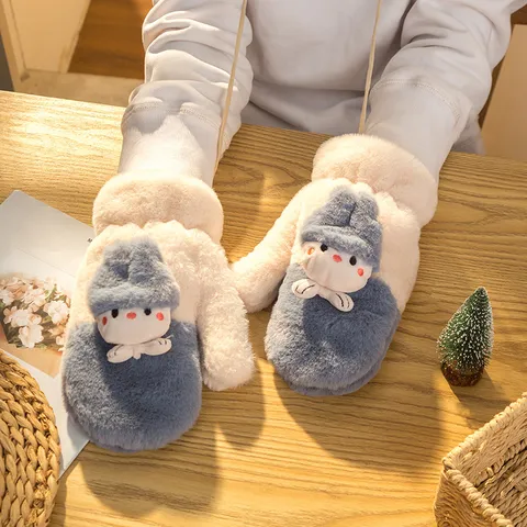 Winter Warm Thickened Plush Gloves Cute Cartoon Doll Design Hanging Neck Full Finger Cold Weather Mittens For Women