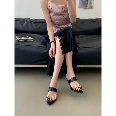 French Vintage Metal Buckle Pointed Toe Mules Women Low Kitten Heel Slip On Sandals Casual Chic Fashion Shoes
