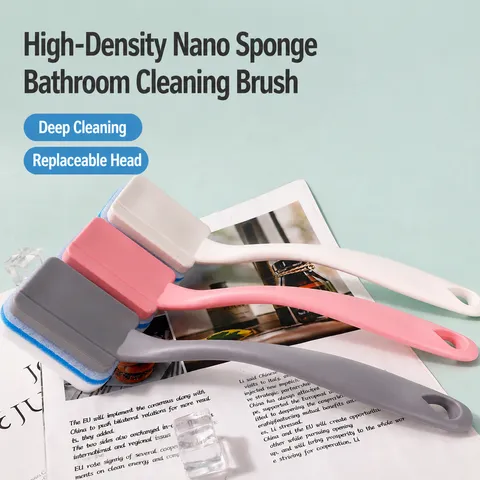 Multifunctional Cleaning Brush With Replaceable Nano Sponge Head Long Handle Bathroom Tile Tub Glass Cleaning Tool