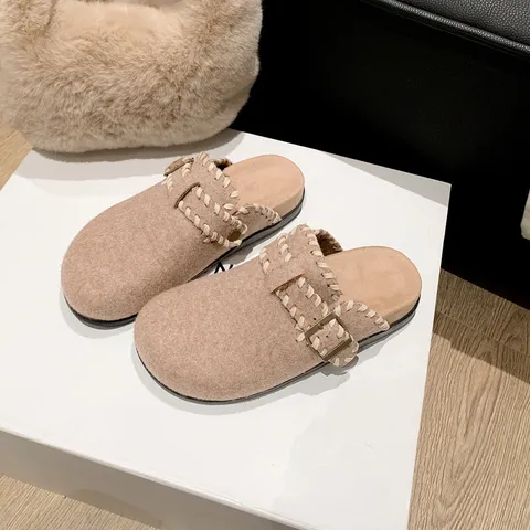 Damen Casual Wollstoff Clogs Dicke Sohle Slip-On Flache Pantoletten Winter Warm Kunstfell Gefüttert Casual Schuhe