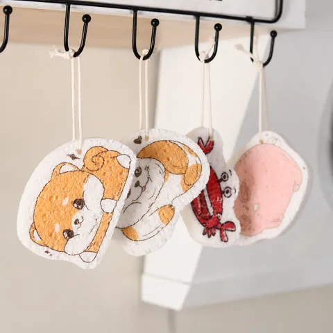 Cute Cartoon Animal Wood Pulp Sponge Kitchen Dishwashing Scrub Pad Compressed Absorbent Cleaning Wipe Sponge