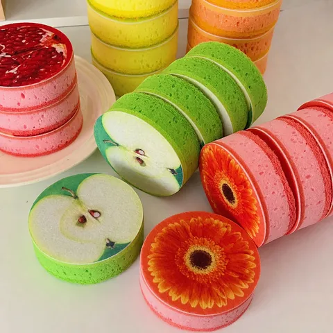 Compressed Wood Pulp Sponge Dishwashing Cloth Cute Fruit Floral Pattern Kitchen Cleaning Sponge Absorbent Dish Scrub Sponge