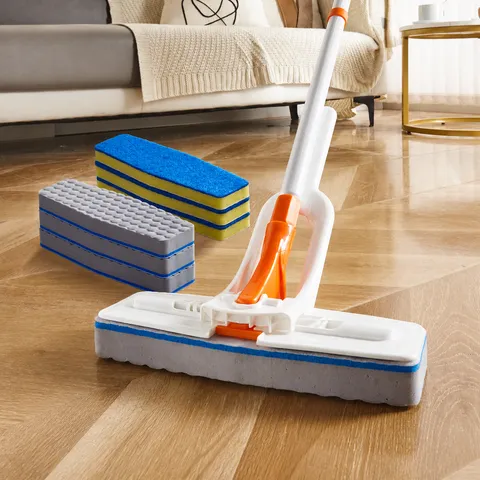 Household Hand Free Squeeze Sponge Mop Dry And Wet Dual Use Floor Cleaning Mop With Stainless Steel Rod And Refill Heads