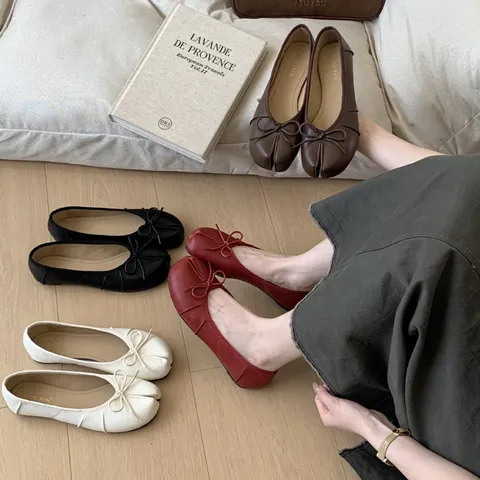 Women's Split-Toe Ballet Flats Cute Bowknot Microfiber Shallow Mouth Casual Commuting Flat Shoes Walking Footwear