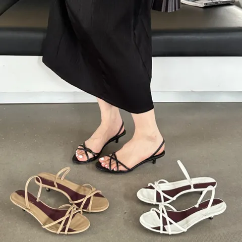 Women Elegant Open Toe Thin Strap Kitten Heel Sandals Summer Fashion Sheepskin Casual High Heeled Shoes