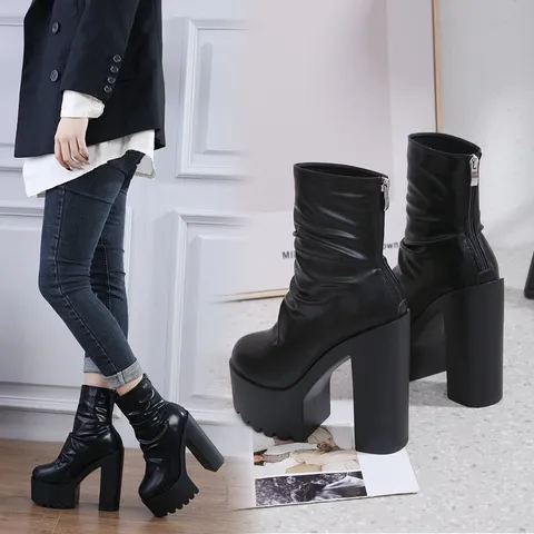 Γυναικεία Μποτάκια Martin Platform High Heel Chunky Heel Short Boots Fashion Leather Winter Boots Casual Outdoor Υποδήματα