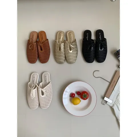 Mujeres Trenzado Puntera Cuadrada Mules Plano Casual Slip On Malla Recorte Lazo Estilo Diseñador Zapatos Dama
