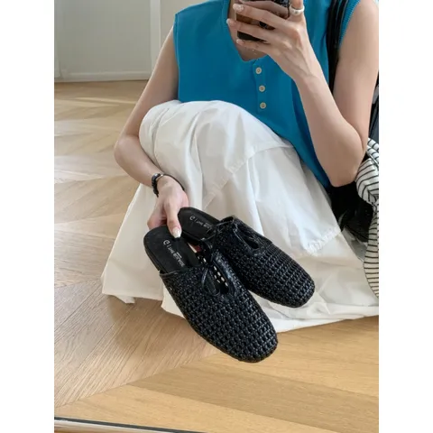 Mujeres Trenzado Puntera Cuadrada Mules Plano Casual Slip On Malla Recorte Lazo Estilo Diseñador Zapatos Dama
