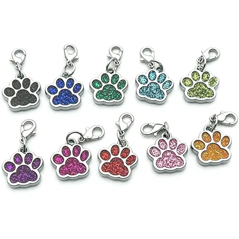 Chien Patte Métal Médaillon pour Animal Émail Pailleté Porte-Clés Mignon Chat Griffe Pendentif Avec Mousqueton Accessoires Multicolores pour Animaux