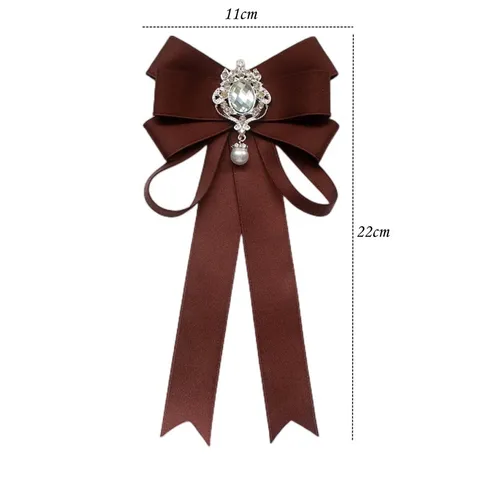 Women Elegant Satin Ribbon Bow Brooch Rhinestone Artificial Pearl Long Streamer Corsage For Professional Suit Sweater Jewelry