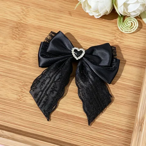 Sweet Multi Layered Satin Lace Bowknot Hair Clip Elegant Rhinestone Heart Alligator Clip Versatile Headwear For Girls Women