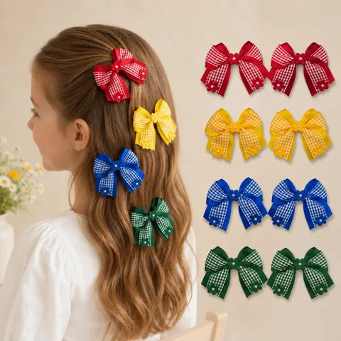 Plaid Grosgrain Ribbon Bow Hair Clips For Girls Floral Artificial Pearl Hairpins Back To School Hair Accessories Gingham Bow Hair Clips