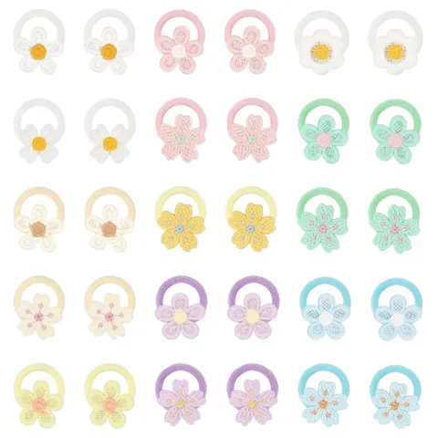 Seamless Fabric Flower Hair Ties Elastic Ponytail Holders Embroidered Floral Hair Bands Rhinestone Accents Headwear For Kids