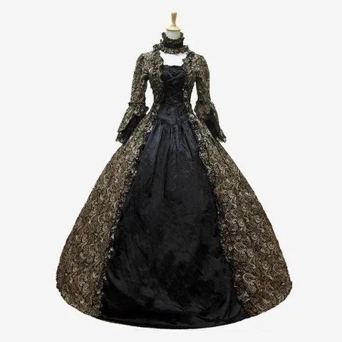 Robe en Polyester Palais Vintage pour Femmes Imprimé Floral Volants en Dentelle Col Montant Manches Évasées Lacet au Dos Gothic Lolita Robe Maxi pour Fête