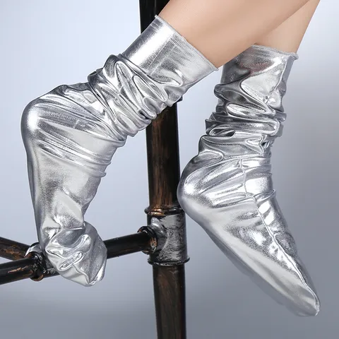 Chaussettes Lâches Mode pour Femmes Texture Métallique Réfléchissante Chaussettes Mi-Mollet Brillantes pour Club Soirée