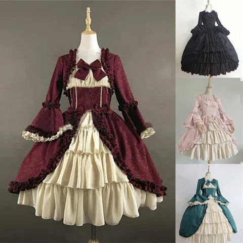 Women Gothic Vintage Medieval Court Dress Square Neck Patchwork Bowknot Ruffle Tiered Gown Long Flare Sleeve Banquet Costume Dress