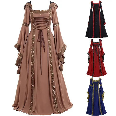 Robe à Capuche Vintage Médiévale pour Femmes Col Carré lacet Manche Évasée Polyester Robe Longue Renaissance Lolita Costume Vêtement
