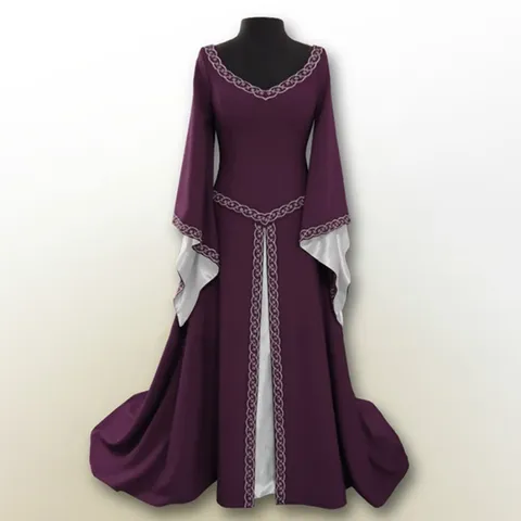 Medieval Retro Palace Style Embroidered Long Sleeve Maxi Dress Vintage Court Round Neck Slim Fit Maxi Dress For Women Party Halloween