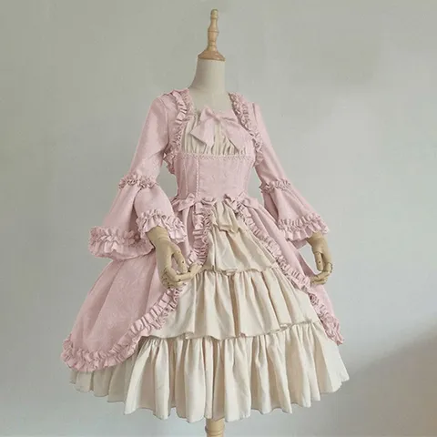 Women Gothic Vintage Medieval Court Dress Square Neck Patchwork Bowknot Ruffle Tiered Gown Long Flare Sleeve Banquet Costume Dress