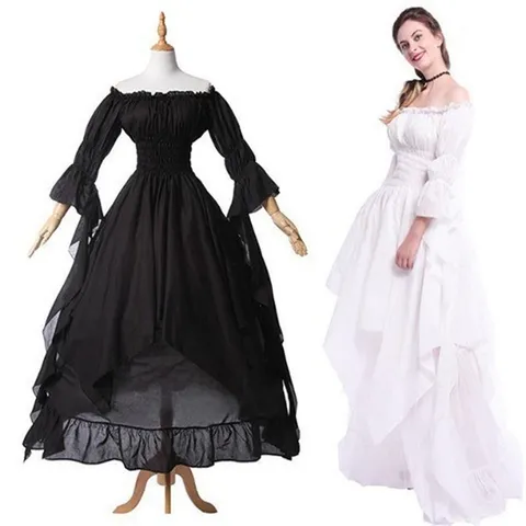 Robe Maxi Gothique Vintage Col Bateau Cour Médiévale Manche Évasée Plissé Élégante en Polyester Pour Bal Cosplay Fête d'Halloween