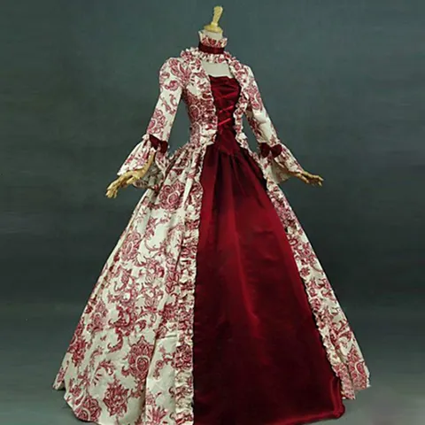 Robe Longue pour Femmes Style Palais Vintage Imprimé Médiéval Victoria Taille Haute Manches Longues Cloche Epissé Evasé Maxi Robe Banquet Soirée