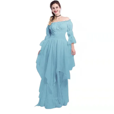 Robe Maxi Gothique Vintage Col Bateau Cour Médiévale Manche Évasée Plissé Élégante en Polyester Pour Bal Cosplay Fête d'Halloween