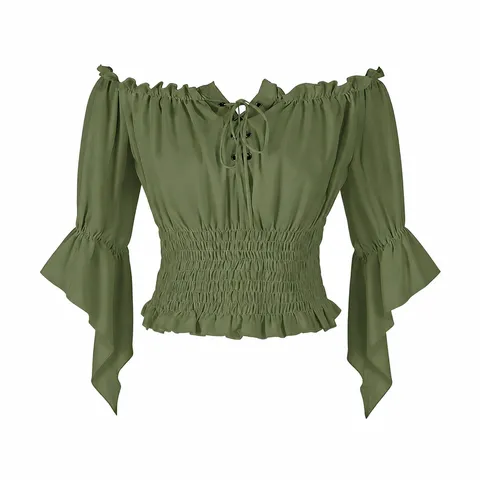 Blouse en Polyester Col Bateau Vintage Français Top Manche Évasée pour Femme Sexy Hot Girl Lacet Froncé Patchwork Géométrique Blouse Pullover Coupe Ajustée Chemise