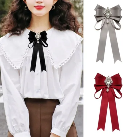 Women Elegant Satin Ribbon Bow Brooch Rhinestone Artificial Pearl Long Streamer Corsage For Professional Suit Sweater Jewelry