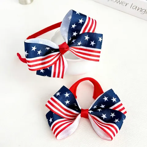 Patriotic July Fourth American Flag Bow Headband For Girls Kids Red White Blue Stars Stripes Bowknot Ribbon Hair Band Accessory