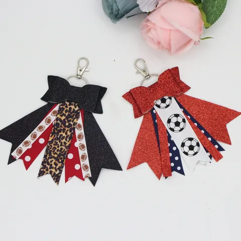 Cheerleading Bow Keychain Soccer Football Bag Charm Glitter Sequin Ribbon Bowknot Pendant For Girls Women Backpack Decoration Sport Accessory