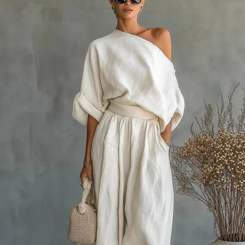 Women Top And Bottom Off Shoulder Solid Color Casual Loungewear Splicing Pocket Loose Elegant Short Sleeve T-Shirt Pants