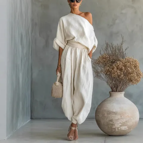 Women Top And Bottom Off Shoulder Solid Color Casual Loungewear Splicing Pocket Loose Elegant Short Sleeve T-Shirt Pants