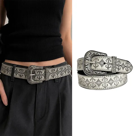 Cintura Western Con Borchie Punk Cowboy Jeans Cintura Goffrata Fibbia Intagliata Cinturino Grigio Accessori Per Uomo Donna