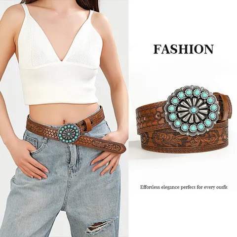 Bohemian Western Vintage Embossed PU Leather Belt Carved Alloy Buckle Turquoise Rhinestone Waistband For Men Women