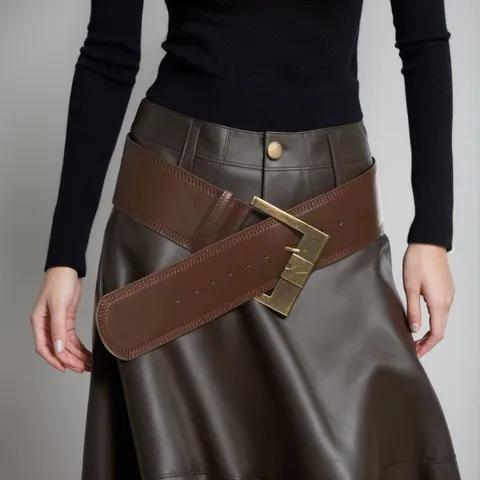 Women Vintage PU Leather Wide Belt With Alloy Square Pin Buckle Elegant Solid Color Waist Belt For Dress Decoration Casual Accessary