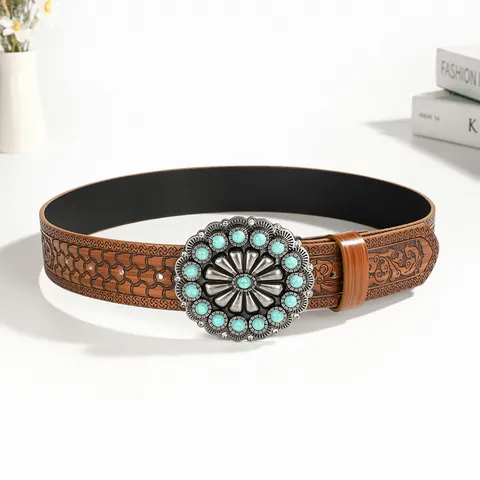 Bohemian Western Vintage Embossed PU Leather Belt Carved Alloy Buckle Turquoise Rhinestone Waistband For Men Women